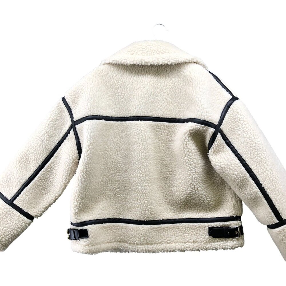 Zara Fleece Biker Jacket Womens S Ivory Faux Shearling Oversized Aviator - Picture 2 of 9